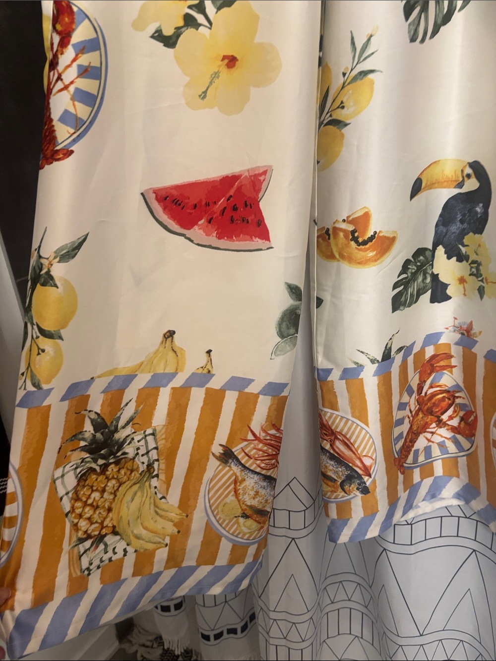 Women's soft wide leg Cream Tropical-Print Satin Maxi pants - Picture 3 of 5